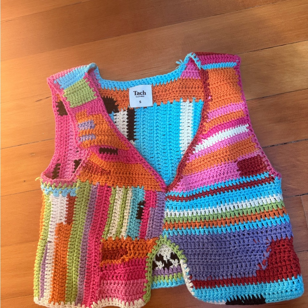 TACH Vibrant Patchwork Crochet Vest in Turquoise, Pink & Orange